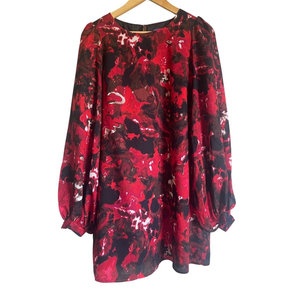Vivienne Vivienne Tam Size 6 Red Black Shift Dress Puff Long Sleeve Shift Abstra
